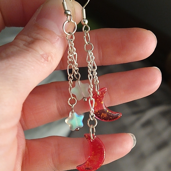 Handmade Mismatched Red Crescent Moon And Faux Moonstone Stars Earrings - Picture 5 of 5